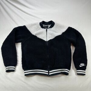 Nike Sherpa Fleece Jacket White Black‎ Chevron Full Zip Varsity Style Size S